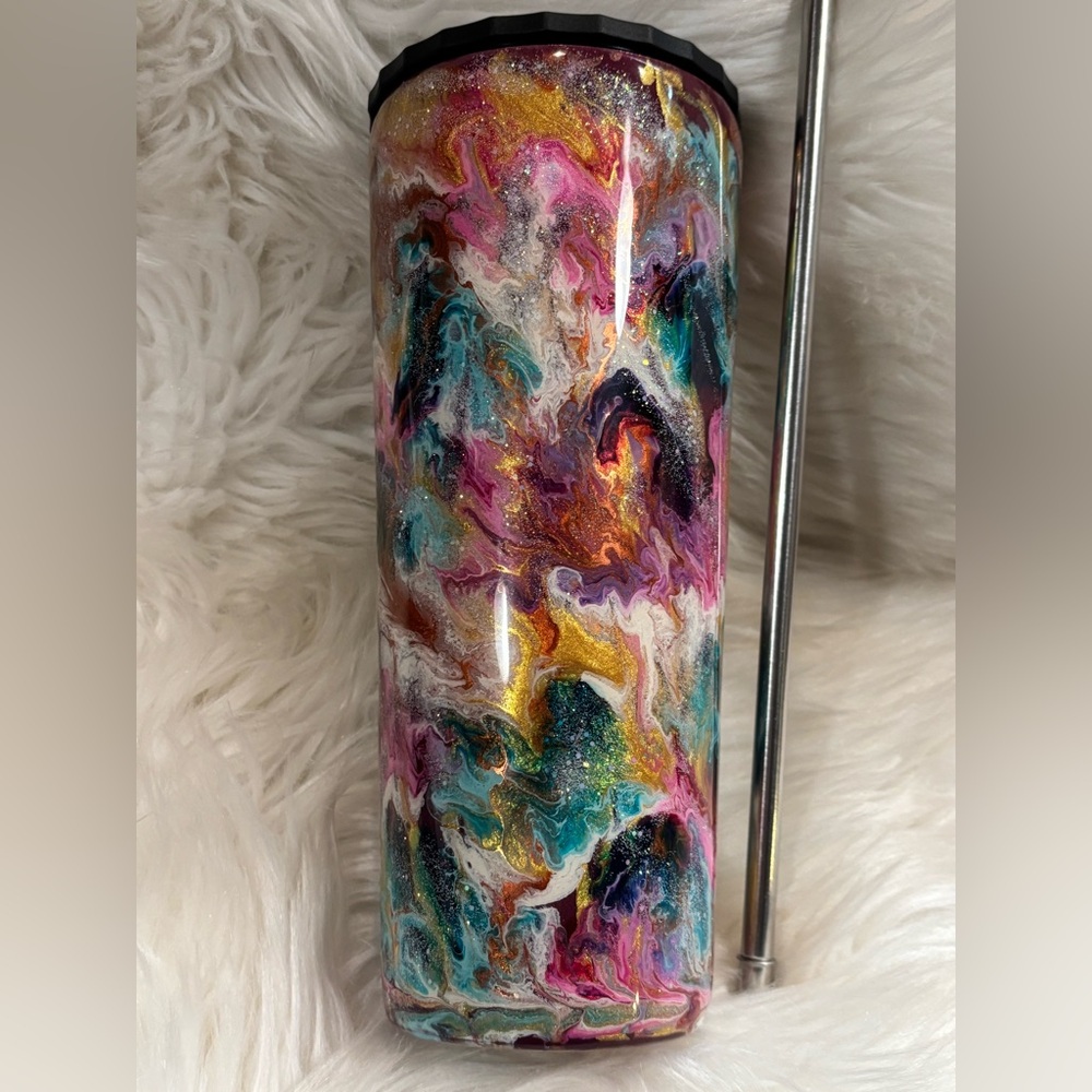 Tumbler-Ink Swirl 34 Oz Stainless Steel with Stainless Steel Straw Handmade
